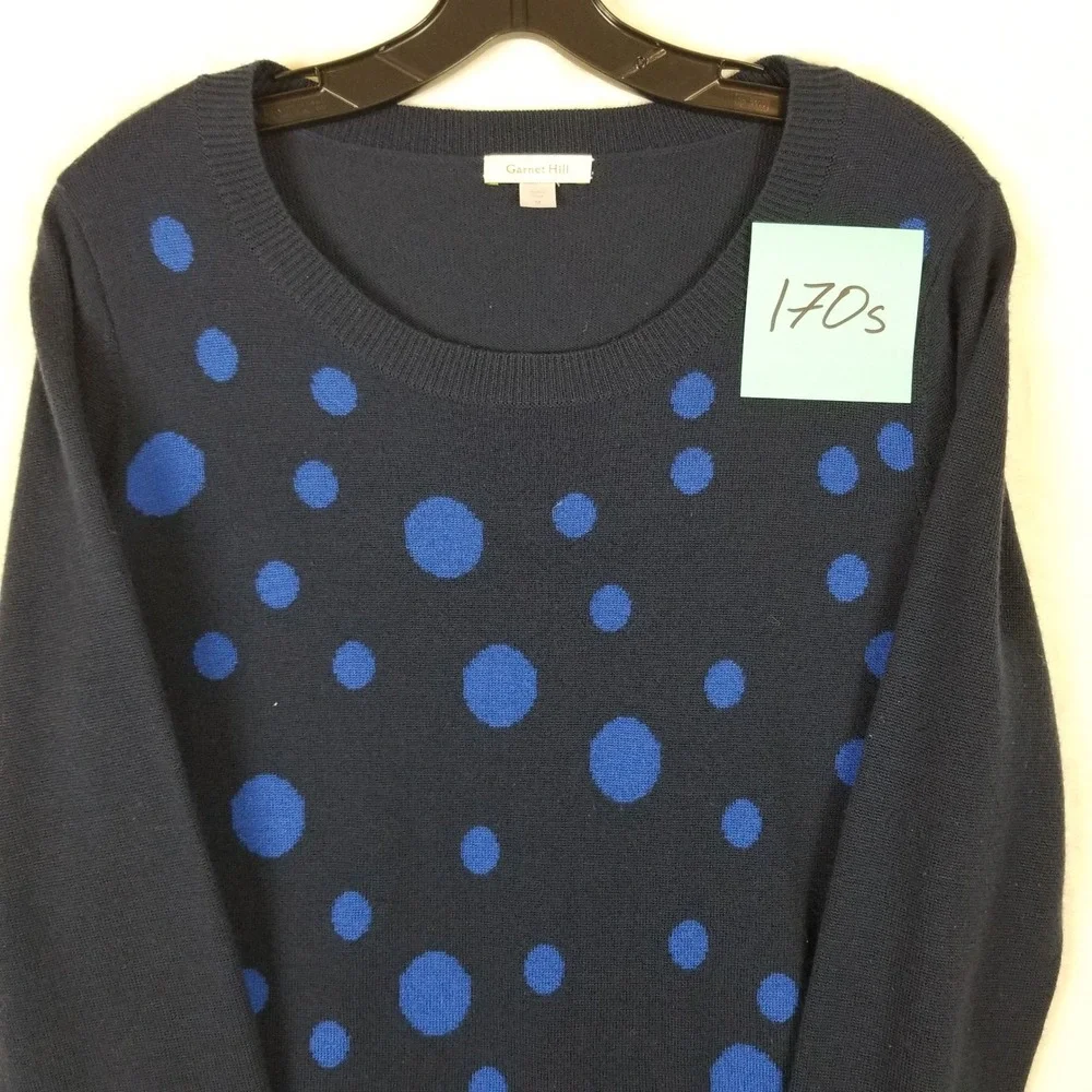 Garnet Hill Womens Navy Blue‎ Polka Dot 100% Wool Crew Neck Sweater Size M